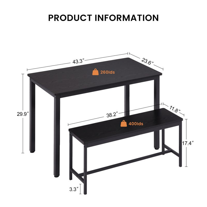 Space-Saving 4-Person Dining Table Set with 2 Benches - Black