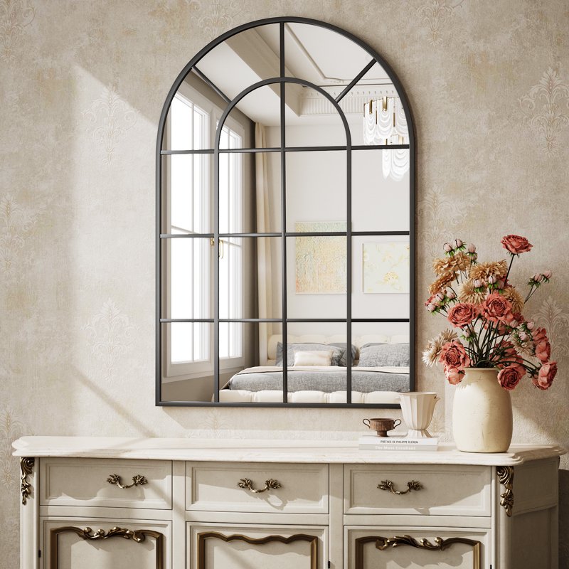 24x36 Arched Windowpane Mirror Wall Mirror Bathroom Mirror Black - Modern Decor