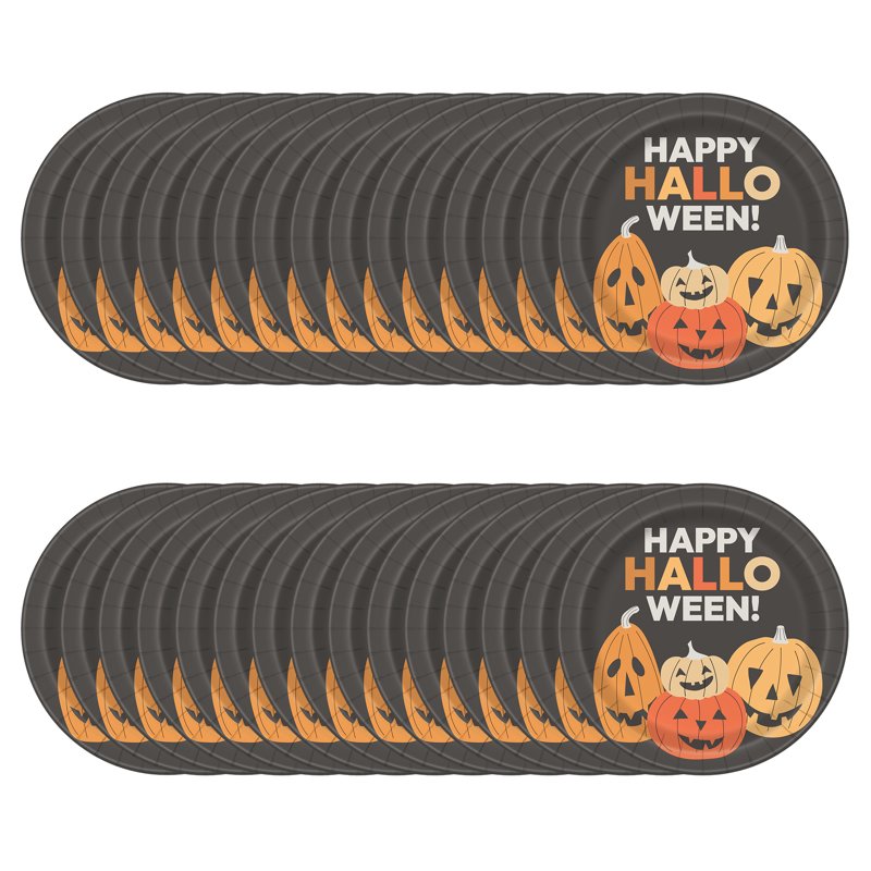 Halloween Party Plates - 9-Inch Smiling Pumpkins with Happy Halloween Design, 30 Pack