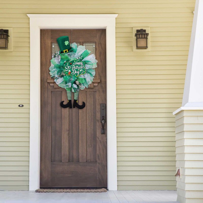 St. Patrick's Day Leprechaun Wreath with Ribbon Front Door Decor - Irish Holiday Wall Hanging