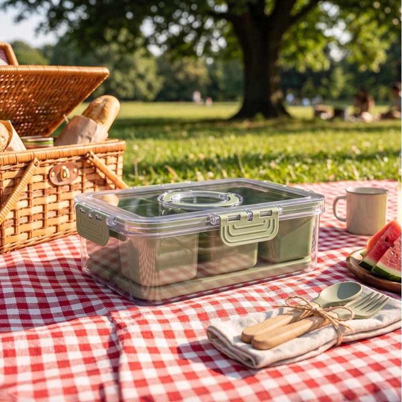 3-Compartment Portable Snack Box with Ice Pack - Sage
