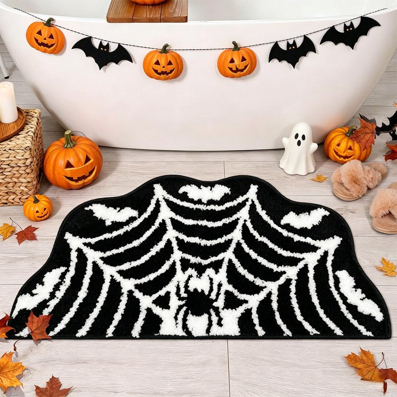 Halloween Spider Web Bath Mat - Black Gothic Bathroom Rug, 15x23 Inches - Variation B