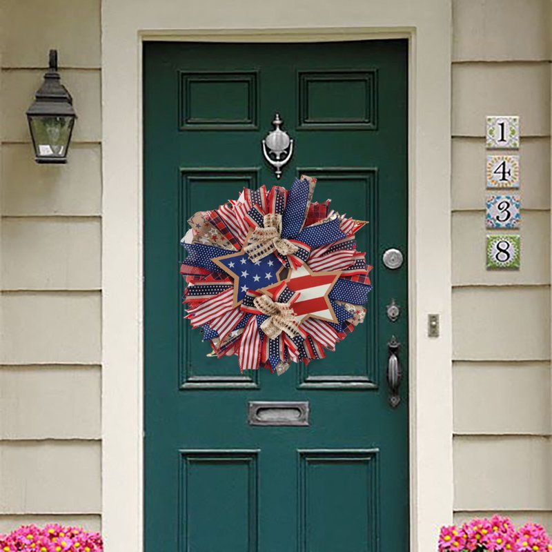 Patriotic 4th of July Wreath for Front Door - Red White Blue Flower Wreath - Variation H