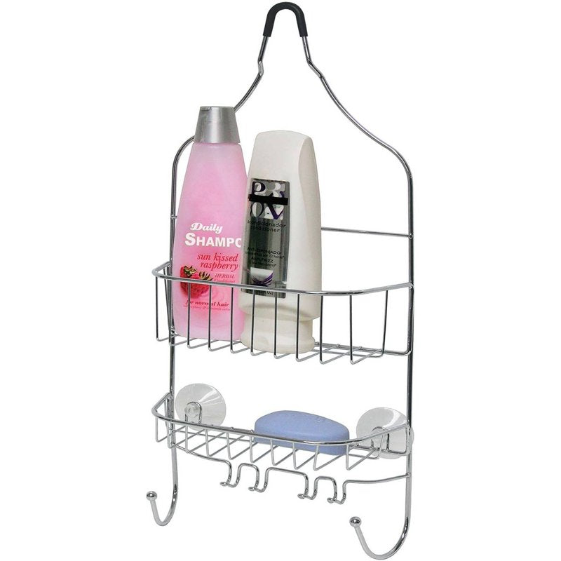 Chrome Shower Caddy with 2 Shelves and Hooks - Rust-Resistant Bathroom Organizer
