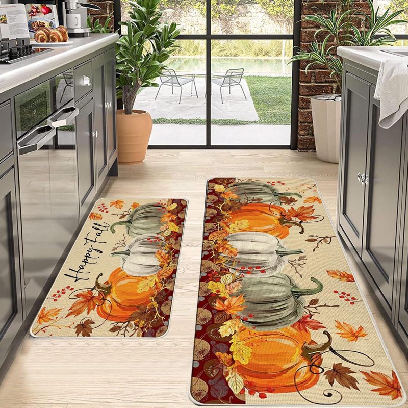 Halloween Kitchen Mats Set - Orange Pumpkin Non-Slip Rug for Floor Decor, 2 Pieces