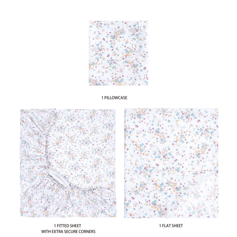 Full Size Microfiber Bed Sheet Set with Floral Pattern - 4 Piece, White