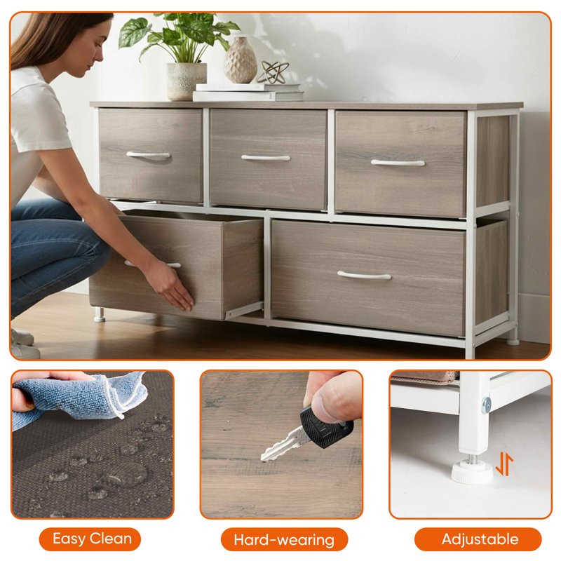 Fabric Drawer Nightstand with Wooden Top - 5 Drawer Oak