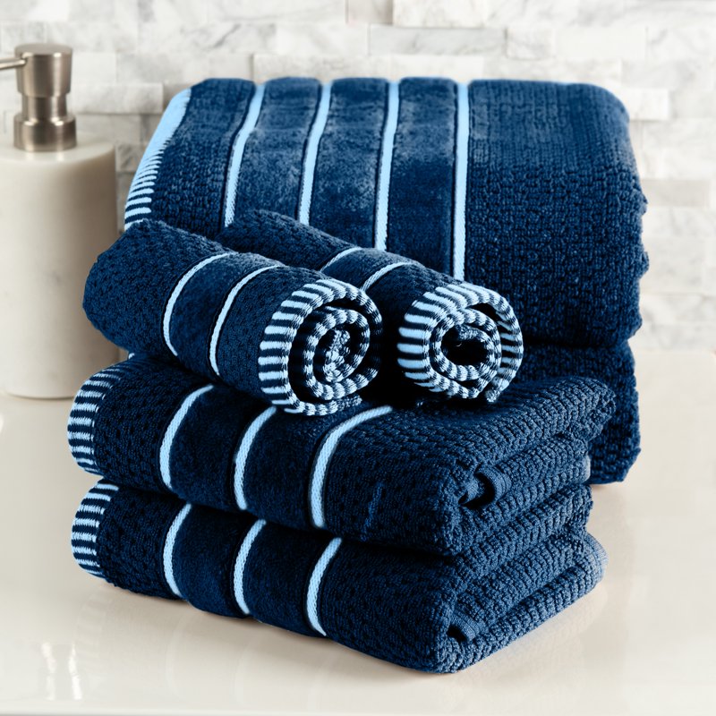 Luxury 6-Piece Cotton Bath Towel Set with Rice Weave - Navy