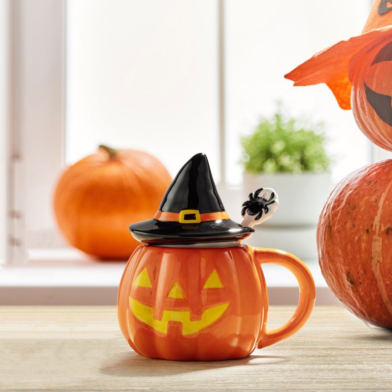 Lidded Jack-O-Lantern Ceramic Mug with Spoon - Halloween Decor, 18oz