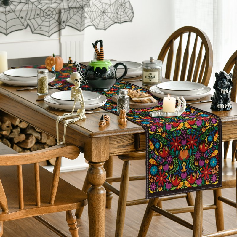 Dia De Los Muertos Floral Fiesta Table Runner - Black 13 x 72 Inch Party Decor