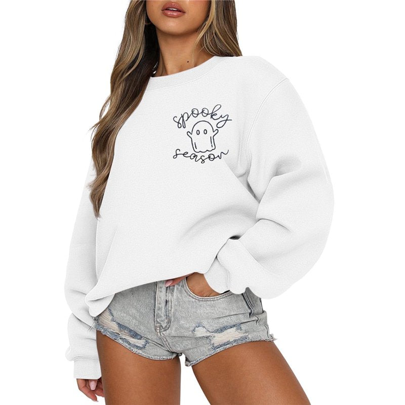 Women’s Halloween Ghost Embroidered Sweatshirt - Spooky Season Pullover, White, S
