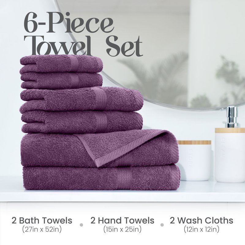 Utica 6-Piece Cotton Towel Set - Plum Purple, Soft & Absorbent