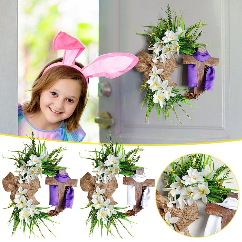 Easter Wreath Cross Door Sign Christian Floral Front Door Decor 13.8 Inch