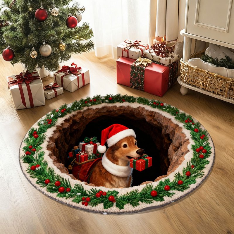 Christmas 3D Non-Slip Floor Mat - Round Area Rug with Merry Christmas Design - Variation B: Christmas #13