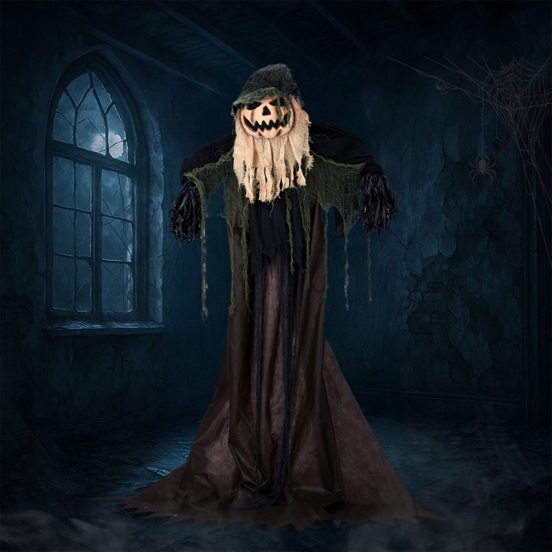 Halloween Crooked Pumpkin Man Animatronic Decoration - Life-Size Creepy Stand - Variation: Pumpkin Man with Crooked Head