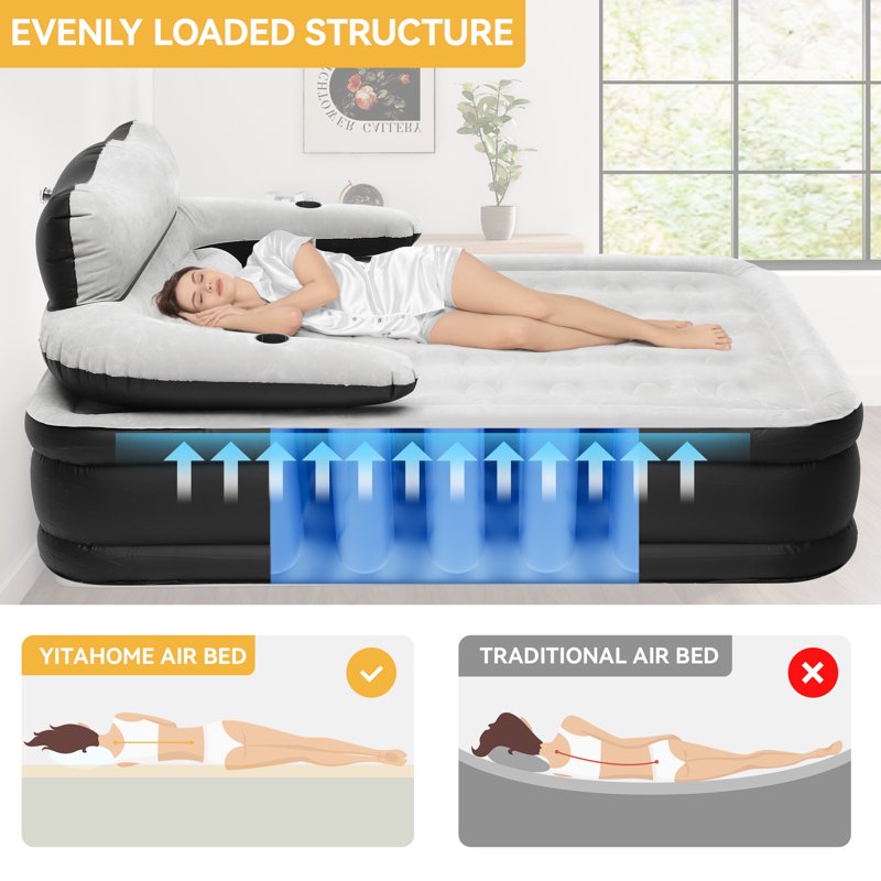 Queen Air Bed with Detachable Headboard & Built-In Pump - Portable Inflatable Mattress