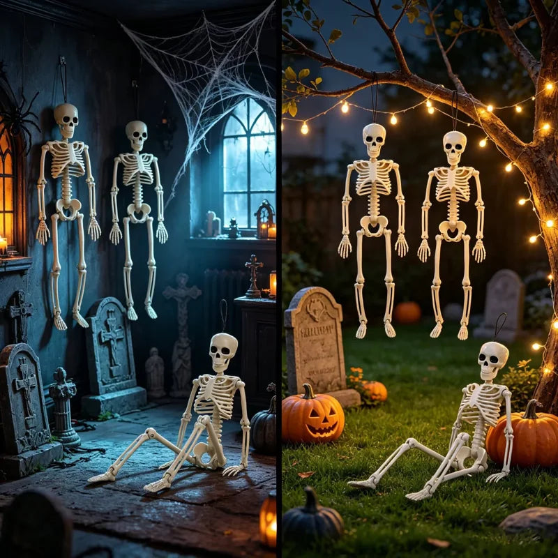 Full Body Skeleton Decor Set - 4 Posable Halloween Skeletons with Movable Joints & Hanging Strings