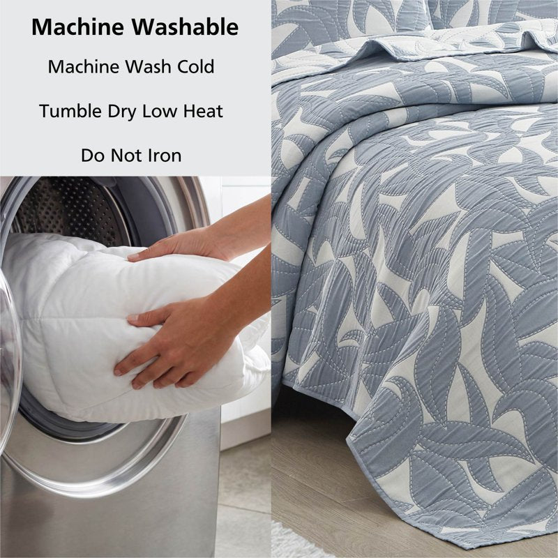 Mainstays Iris Leaf Stitched Quilt - Full/Queen Light Blue Reversible Bedding Set