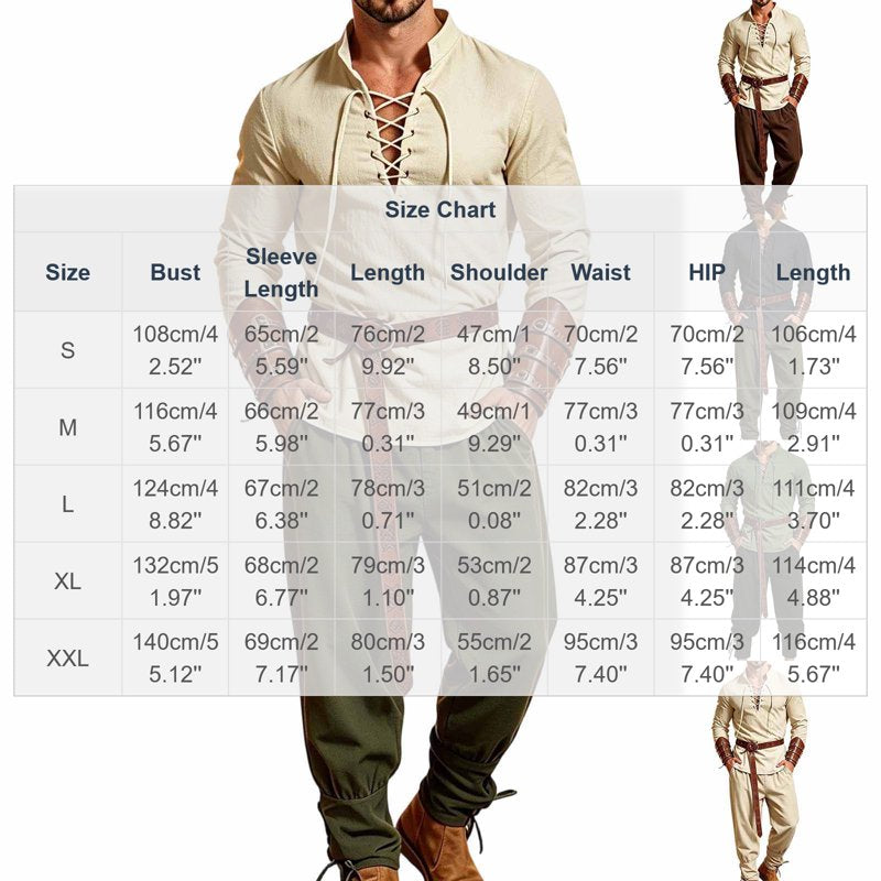 Brown Renaissance Pirate Costume Set for Men - Lace-Up Shirt, Pants, Belt & Arm Guards, Size L