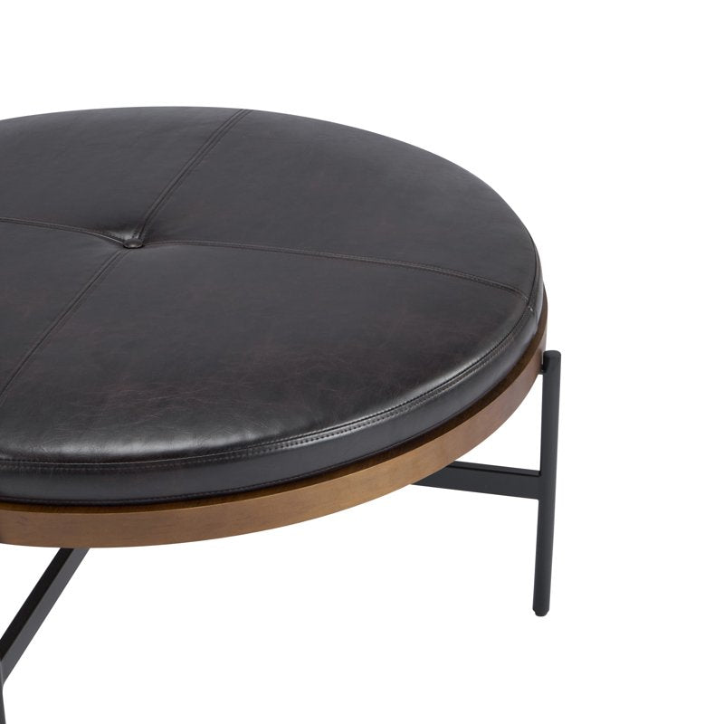 Industrial 36-Inch Round Cocktail Ottoman - Button Tufted Black