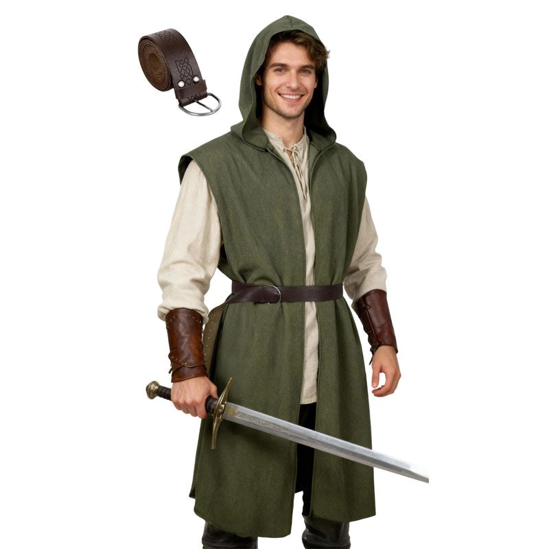 Army Green Medieval Viking Costume Set for Men - Hooded Sleeveless Robe with Belt, Size L