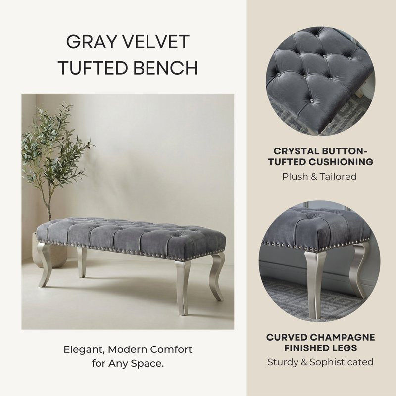 Upholstered Bench with Nailhead Trim - Soft Gray Velvet