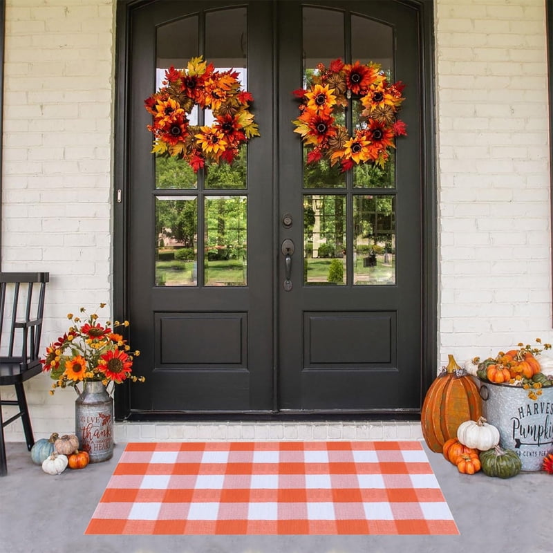 Orange Fall Doormat with Halloween Pumpkins & Ghosts - 16x24 Inch Welcome Rug - Farmhouse Indoor Outdoor Decor - Variation B-Fall Doormats