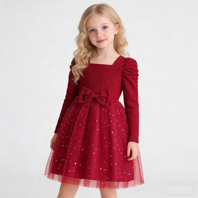 Girls Party Dress with Star Embroidery & Puff Sleeves, Size 7-8 Years - Red Variation Z10-10