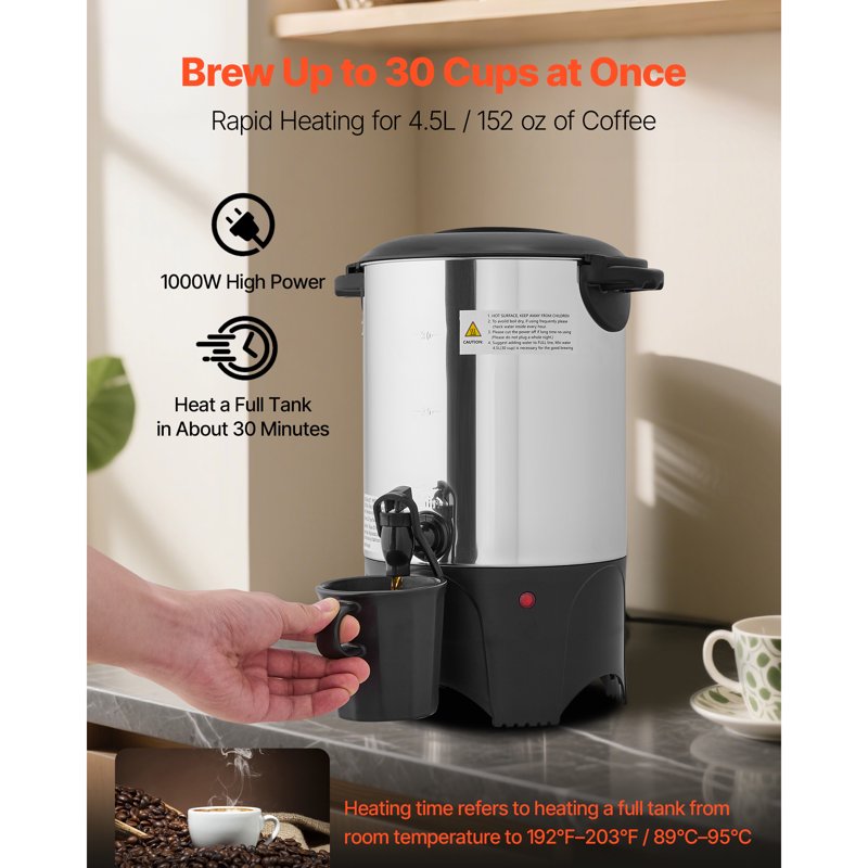 30-Cup Commercial Coffee Urn - Fast-Brewing Hot Drink Dispenser