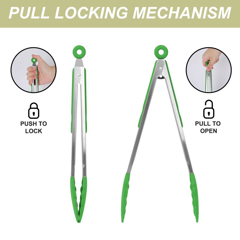 Silicone-Tipped Cooking Tongs Set - 3 Pcs Green & Burgundy