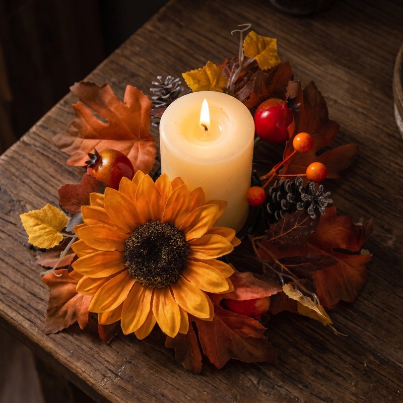 Daghihgewr Fall Sunflower Candle Ring - Rustic Autumn Mini Wreath for Pillar Candles - Variation #5