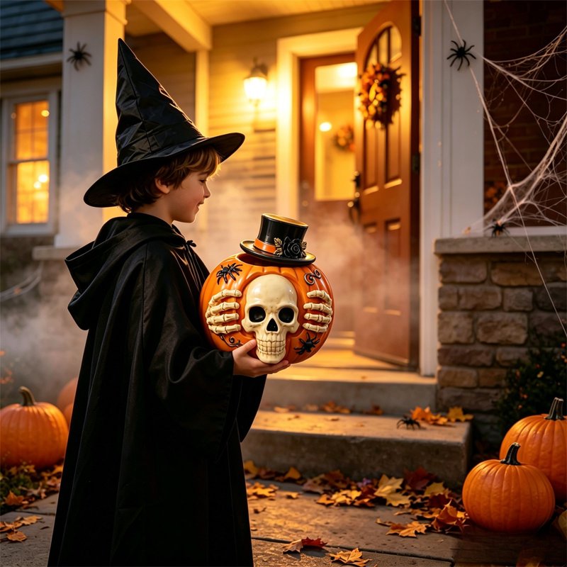 Liamobondopolis Halloween Skeleton Pumpkin Candy Jar with Black Top Hat & Spider - Variation #020