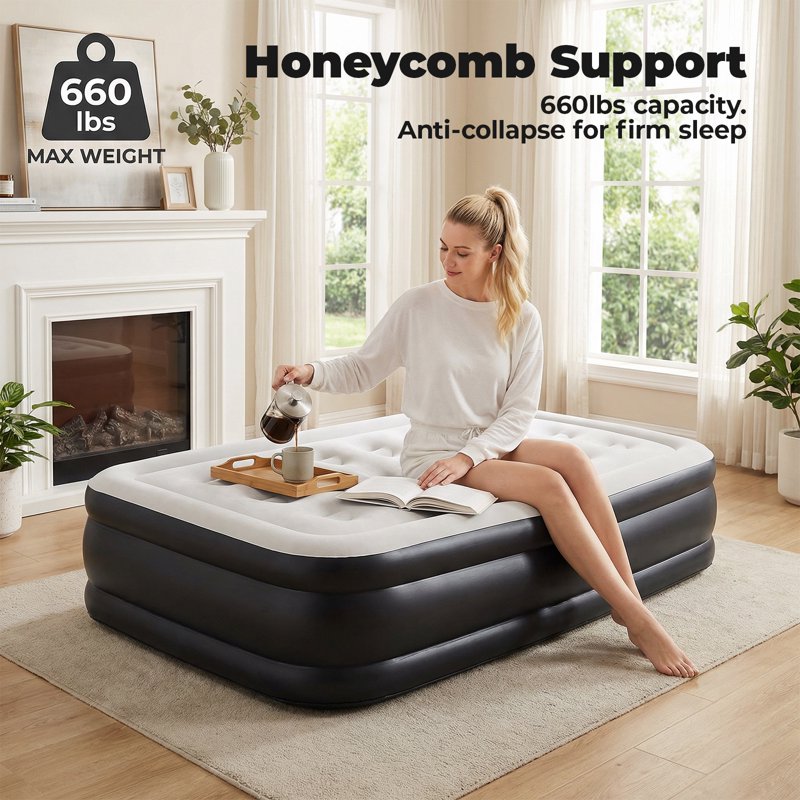 Black Queen Size Air Mattress with Built-in Pump - 16in Thick, Supports 660lbs