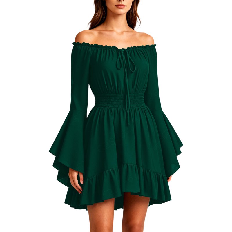Green Women's Gothic Pirate Mini Dress with Off Shoulder Bell Sleeves - Large