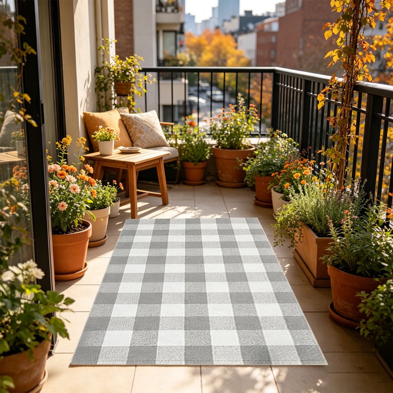 Large Thanksgiving Plaid Doormat - Gray Cotton Blend Layered Entry Rug, 19.6x31.5in
