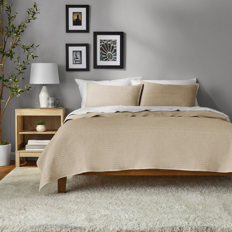 Full/Queen Garment Washed Stripe Quilt - Beige Microfiber Bedding