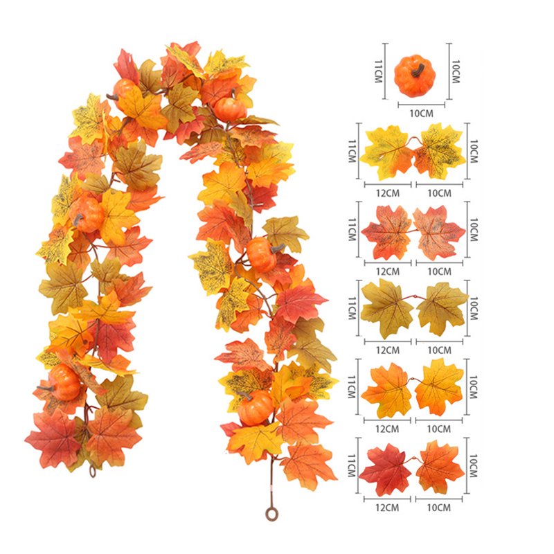 Fall Maple Leaf and Rattan Garland for Halloween & Thanksgiving - Orange, Variation #04