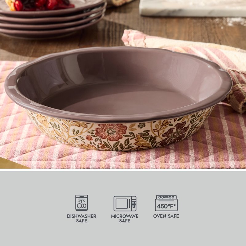 10-Inch Stoneware Pie Dish with Floral Design