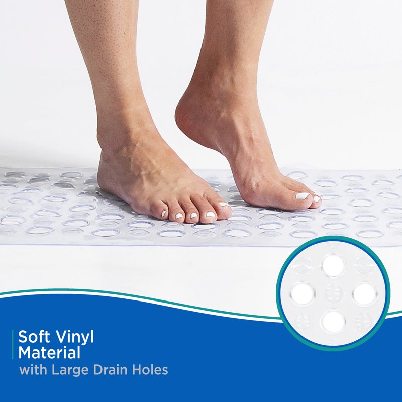 Vinyl Bath Mat with Suction Cups & Drain Holes - 27 x 14.5 Inches, Clear