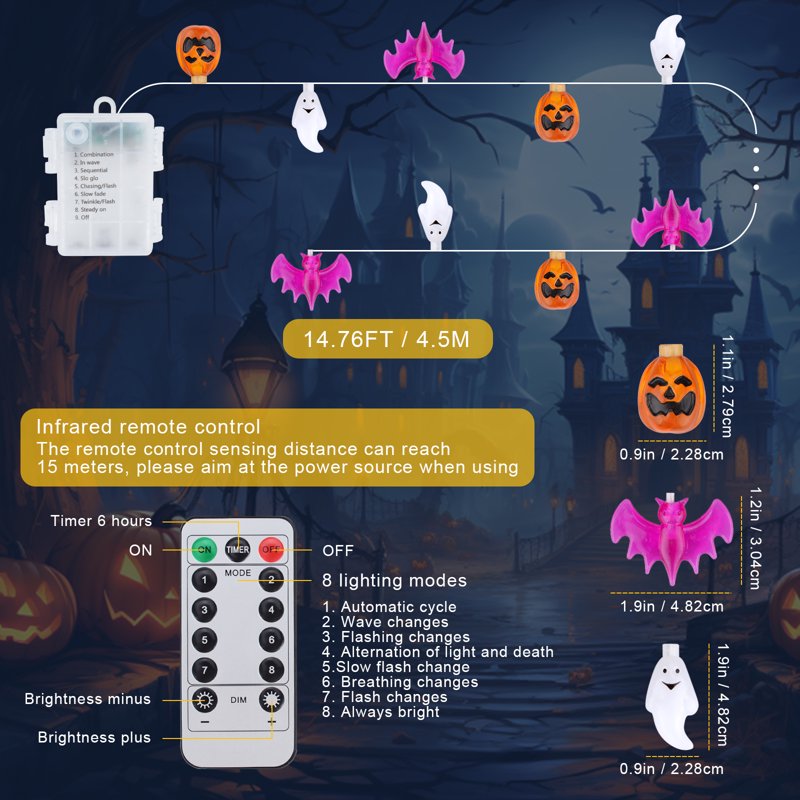 Outdoor Indoor Halloween String Lights with 30 LED 3D Pumpkin Bat Ghost Waterproof 8 Modes