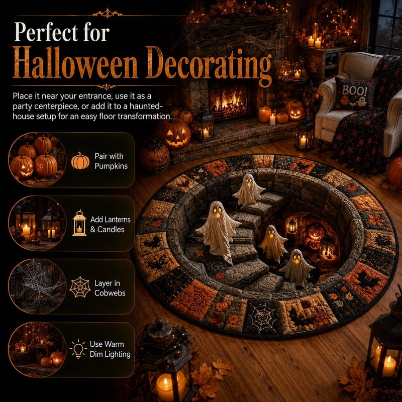 Halloween Staircase Optical Illusion Round Rug - Spooky 3D Floor Mat with Ghosts & Pumpkins - Variation A