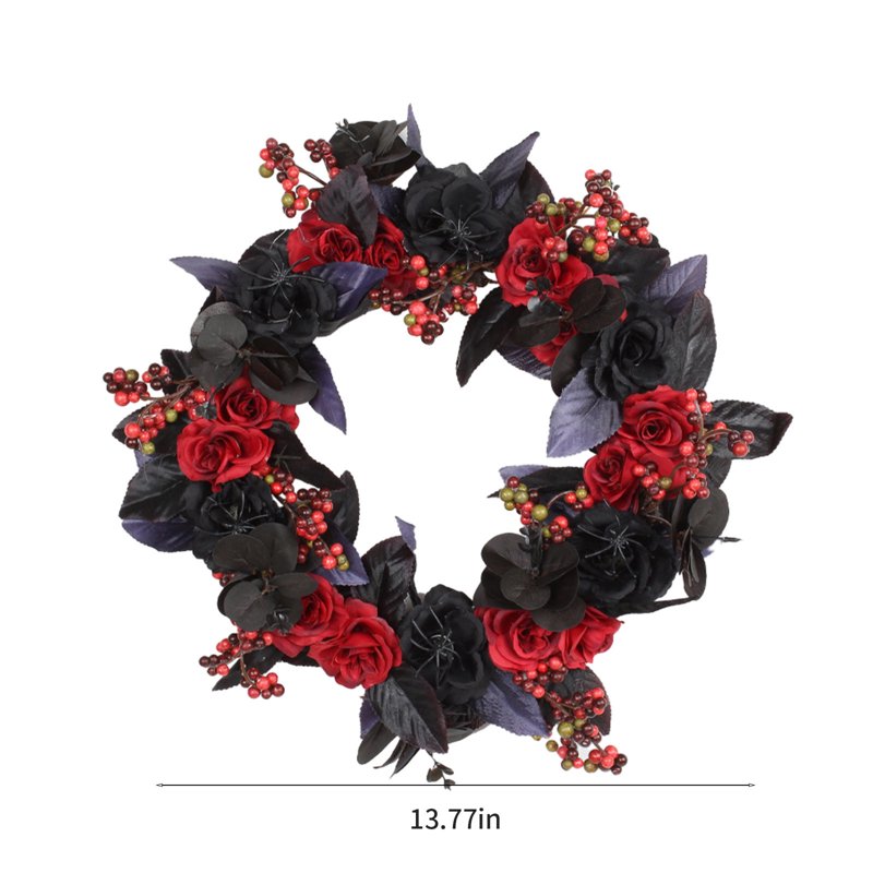 Halloween Front Door Wreath with Roses - 15 Inch Gothic Fall Decor
