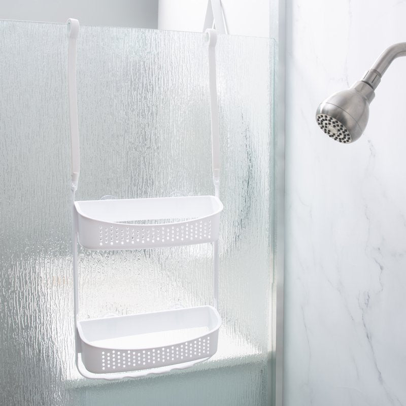 White 2-Way Convertible Shower Caddy - Overhead or Tension Rod Mount, Wide Shelves