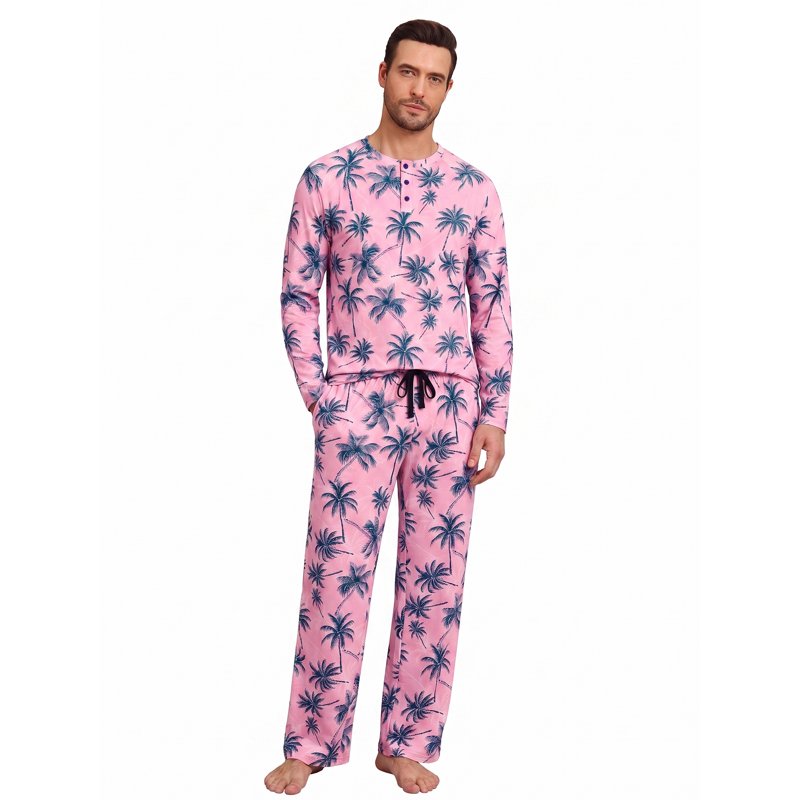 Pink Blue Palm Couple Pajama Set for Women Men M - Soft Holiday Sleepwear