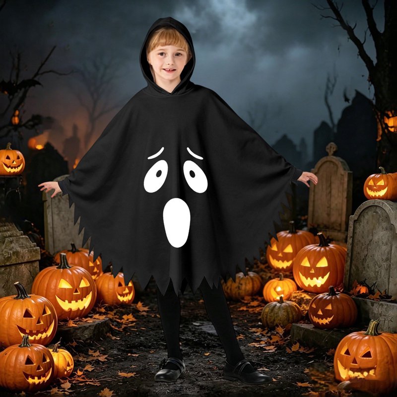 Kids Ghostface Costume Cape for Halloween - Unisex Hooded Dress-Up (Black, 7-9 Years) - Fancy Dress