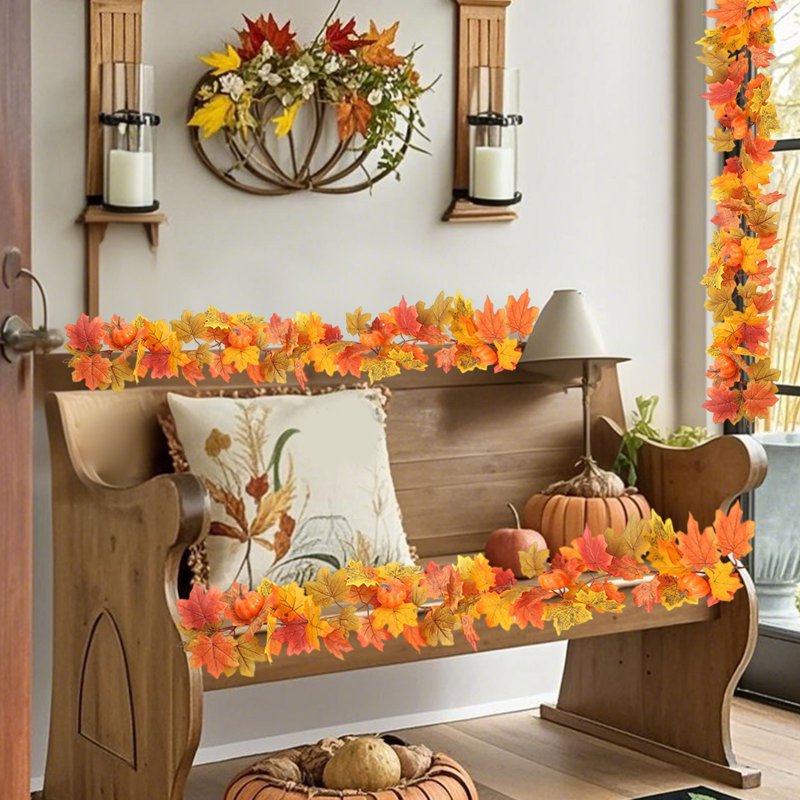 Fall Maple Leaf and Rattan Garland for Halloween & Thanksgiving - Orange, Variation #04