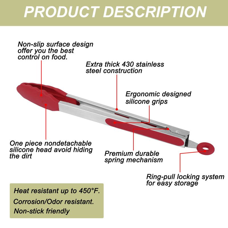 Silicone Kitchen Tongs Set with Locking Mechanism - 3PC Burgundy