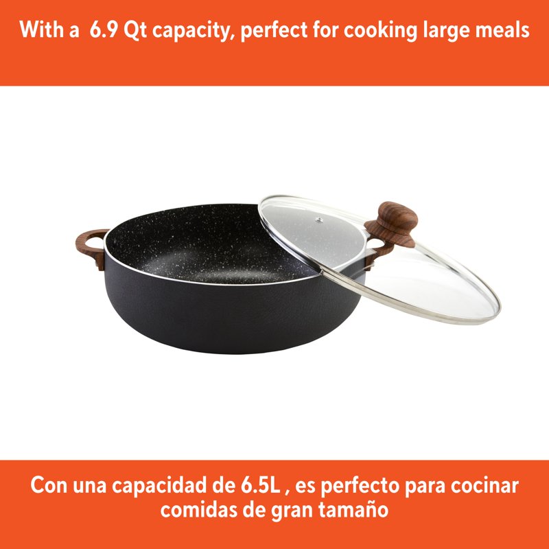 6.9qt Nonstick Aluminum Caldero with Glass Lid & Wood Look Handles