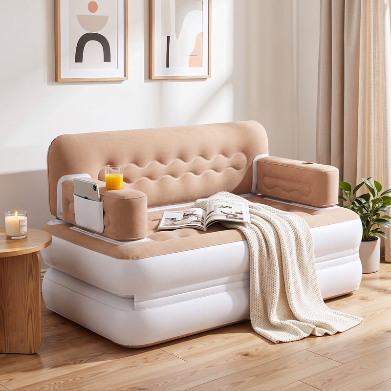 Queen Size 2-in-1 Convertible Air Sofa Bed with Wave Headboard, Pump & Storage - Khaki Style3