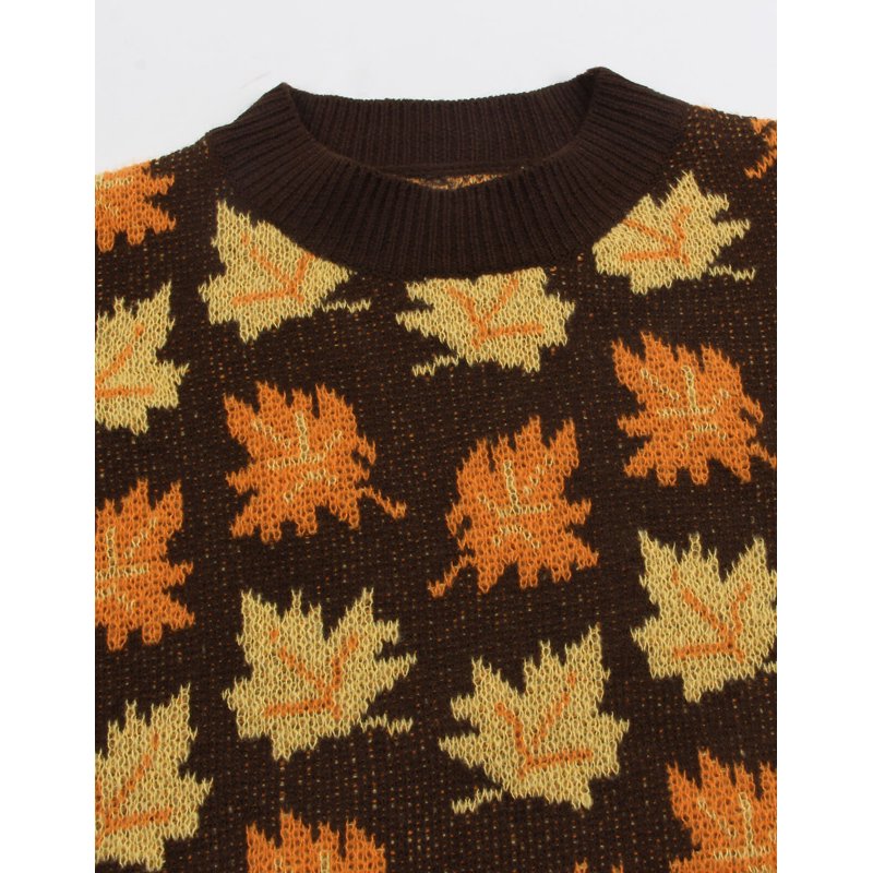 Women’s Y2K Maple Leaves Print Pullover Sweater - Fall Winter Casual Knitted Top, S - Brown